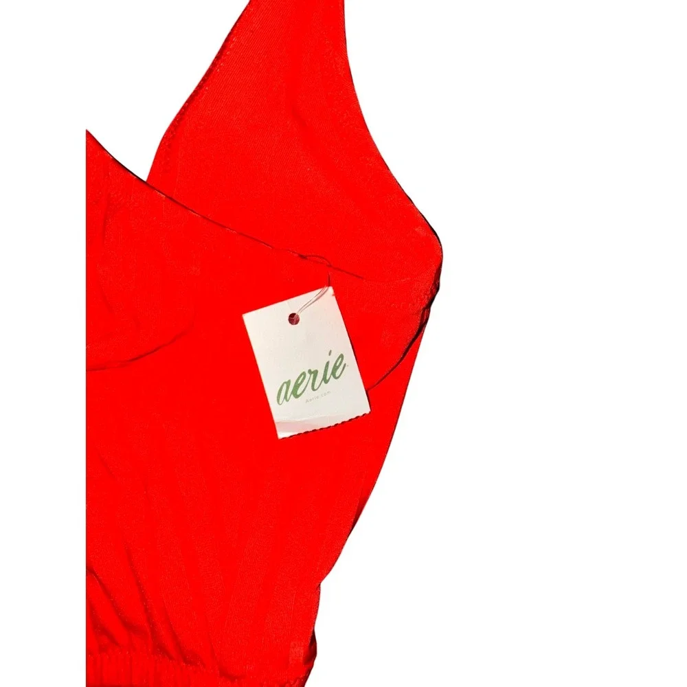 Aerie Red One‎ Piece Swimsuit Ring Cutout V Neck Halter Back Detail Size XL Long